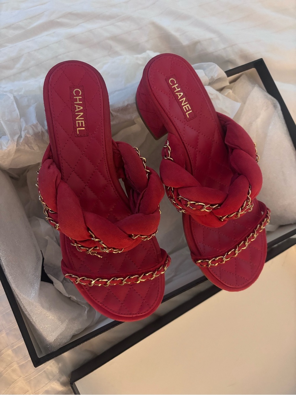 CHANEL Red Quilted Slide Mules with Gold Chain Trim - Picture 4 of 8